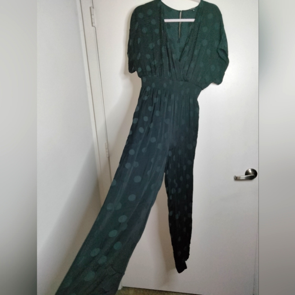 Madewell (Sz M) Black Polka Dot Surplice V-Neck SS Smock Stretch Waist Jumpsuit